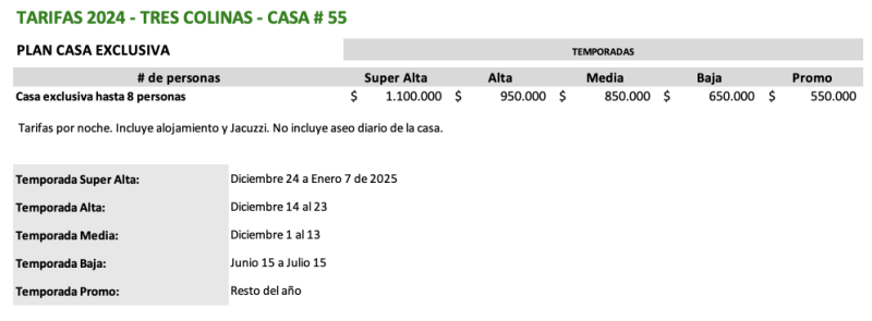 Tarifas Tres Colinas Casa 55