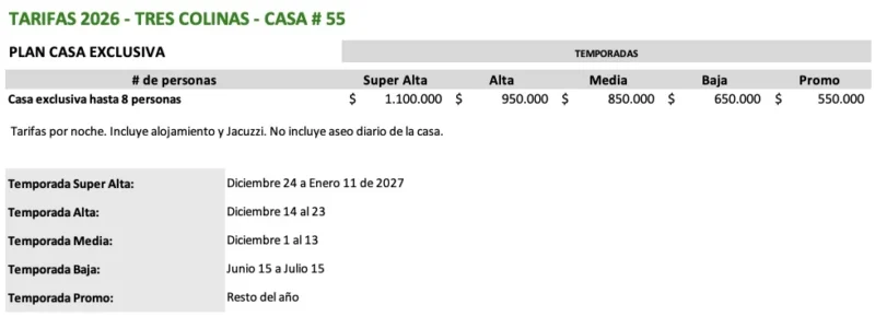Tarifas tres Colinas